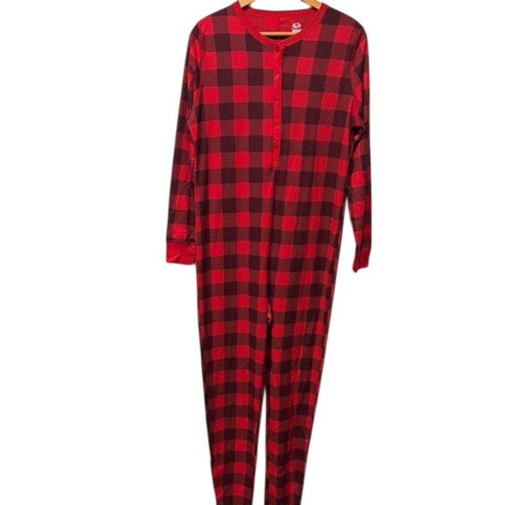 Fruit of the Loom Red Black Buffalo Plaid Christmas One Pc Long‎ Sleeve Pjs M/L